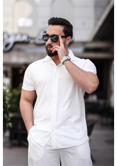 Mfz Giyim Beyaz Renk Ottoman Kumaş Slim Fit Erkek Şort - Gömlek Alt Üst Takım
