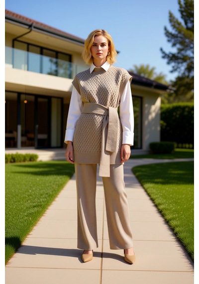 Frm Kadın Moda Şık Geniş Paça Kolsuz Kuşaklı Pirinç Örgü Süveter-pant Vizon