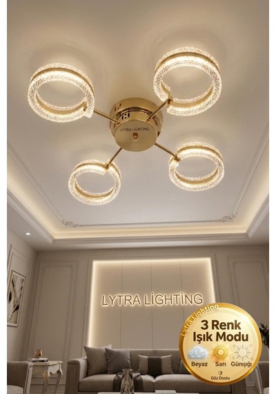 Aurea Model 4'lü Gold 3 Renk Modu Ledli Tavana Sıfır Salon Mutfak Çocuk Yatak Odası Led Avize Altın