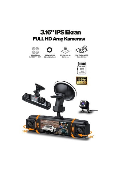 4 Lensli Full Hd 1080p 3.16" Ekran Araç İçi Kamera 4 Kamera Ayarlanabilir Açı Hareket Algılama