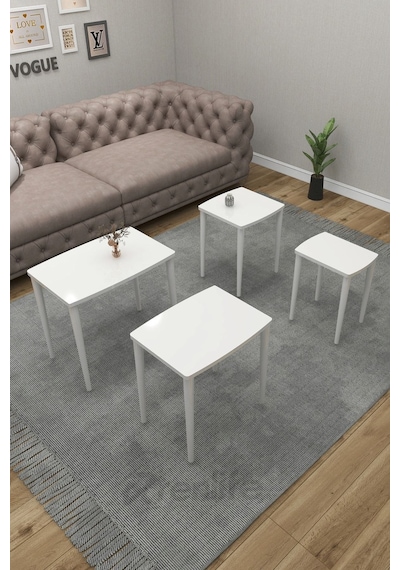 Renlife 4 Lü Ahşap Zigon Sehpa Takımı Beyaz Lake Boyalı Beyaz Beyaz Ayaklı Boyalı