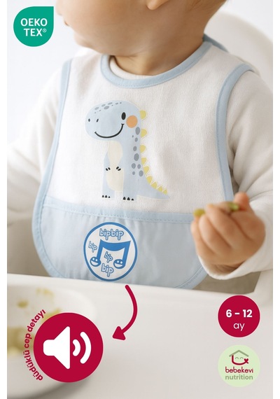 Düdüklü Cepli Sıvama Mama Önlüğü - Smiling Dino Mavi Bebek Önlüğü Açık Mavi