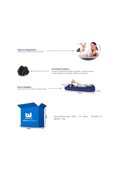 Bestway 67000 Tek Kişilik Şişme Yatak + Pompa 185x76x22 Cm Lacivert