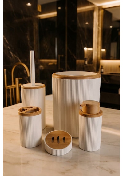 Makri Home Beyaz Bambu Desenli 5 Parça Banyo Seti, Şık Tasarımlı, Hacim: 6 Litre Ahşap - Beyaz