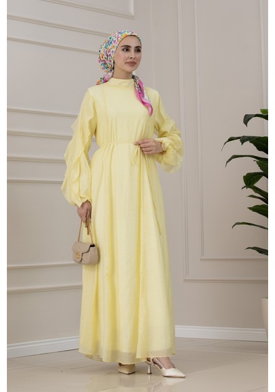 Sevitli Kolları Fırfır Detaylı Simay Elbise-sarı-5794
