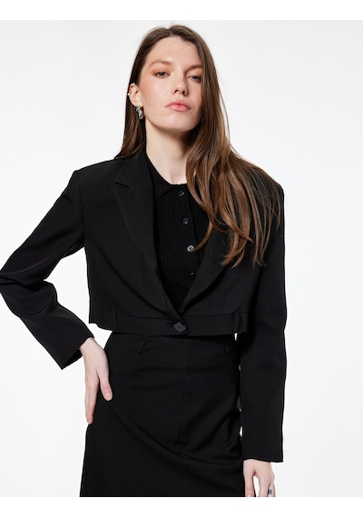 Koton Uzun Kollu Düğmeli Geniş Yaka Crop Blazer Ceket Siyah 6wak50103uw Siyah