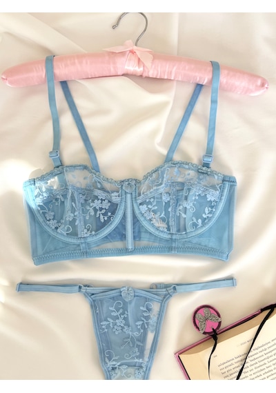 Arinda Candice Mavi Çiçek Desenli Brode İşlemeli Tek Renk Balenli Kapsız Askıları Çıkarılabilir Bralette Sütyen Tanga Alt Üst İç Çamaşırı Takımı 2 Parça Arinda Candice Mavi Çiçek Desenli Brode İşlemeli Tek Renk Balenli Kapsız Askıları Çıkarılabilir Bralette Sütyen Tanga Alt Üst İç Çamaşırı Takımı 2 Parça