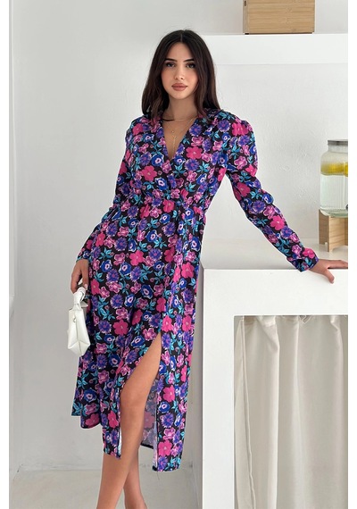 Asprin Fashion Çiçek Desenli Elbise Mor Mor