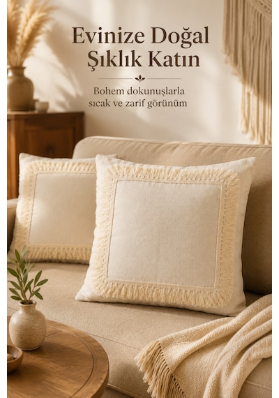 2'li Naturel Keten Püsküllü Kırlent Kılıfı Bohem Rustik Vintage Salon Dekoru Dekoratif 2 Adet Kırlen Bej