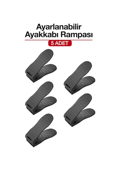 5 Adet Ayarlanabilir Ayakkabı Rampası Dolap İçi Ayakkabı Düzenleyici Organizer Siyah