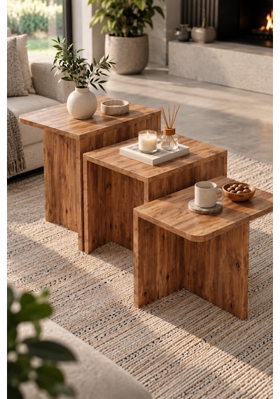 Sulorahome 3'lü Atlantik Çam Desenli Modern Orta Sehpa Seti