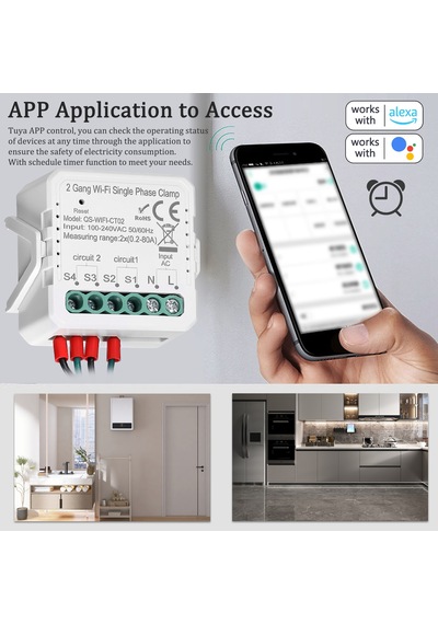 E24860-wıfı-2 Tuya Wifi 2 Gang 80a Tek Fazlı Kelepçe Güneş Pv Çift Tuya Wifi 2 Gang Single Phase Clamp