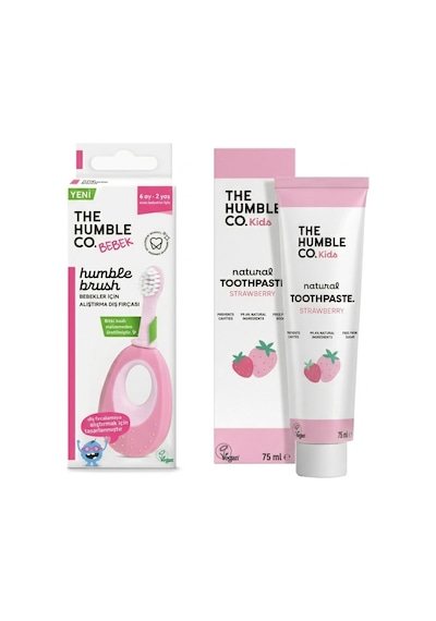 The Humble Co. Çilek Aromalı Çoçuk Diş Macunu 70 Ml + Brush Baby Alıştırma Diş Fırçası - Pembe
