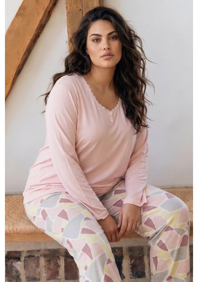 Siyah İnci Desenli Düğmeli Büyük Beden Battal Boy Viskon Örme Pijama Takım 26224803 Somon
