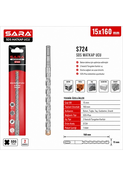 Sara S-724 Sds Plus Matkap Ucu 15 X 160 Mm, 2 Kesicili, Tungsten Karbür Uçlu