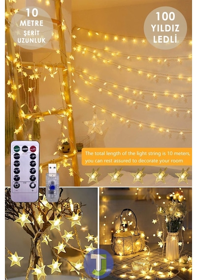 Technojet 100 Ledli 10.mt Kumandalı Usbli Dekoratif Yıldız Model Şerit Led Işık Yılbaşı Süsleme Gün Işığı - Sarı