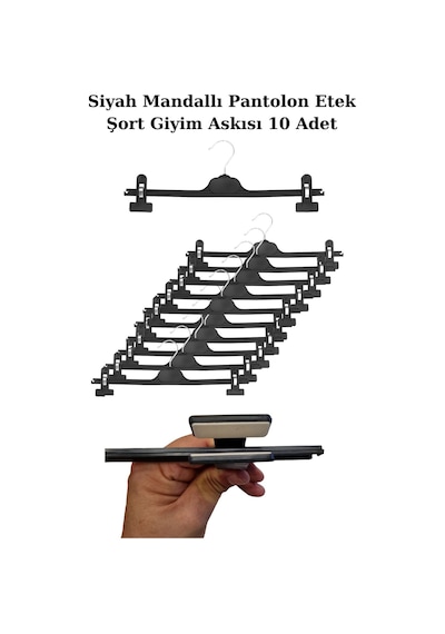 Pantolon Etek Askısı Plastik 38 Cm Siyah Mandallı Giyim Askısı 10 Adet Diğer