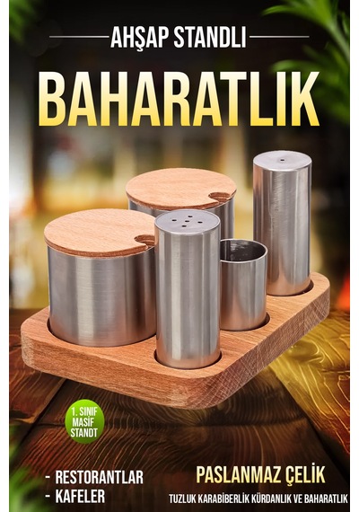 5'li Ahşap Stantlı Paslanmaz Çelik Baharatlık Ve Şekerlik Seti Kafe Restorant Set Diğer