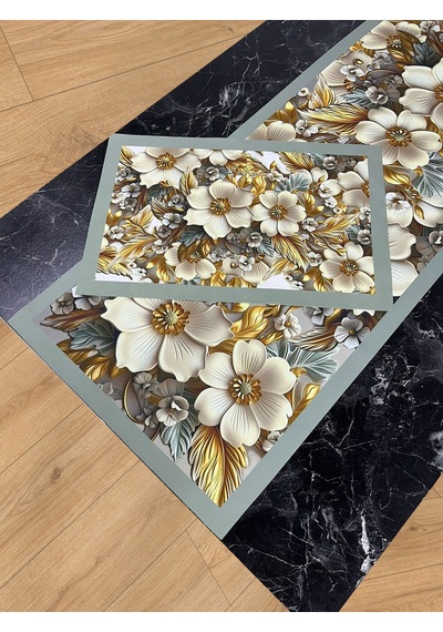 Zambak Işıltısı 3d Çiçek Desenli Masa Runner & 4 Lü Supla Takımı Renkli