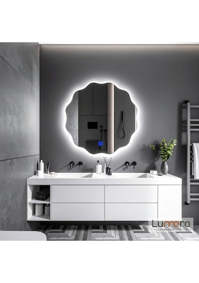 Cirelia Beyaz Led'li Lazer Kumlamalı Lavabo & Banyo Aynası Dokunmatik Sensörlü 90 X 90