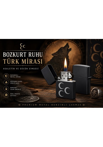 Asaletin Gücün Simgesi Bozkurt Ruhu Türk Mirası Üç Hilal Desenli Benzinli Metal Çakmak Dolu Gönderim Siyah