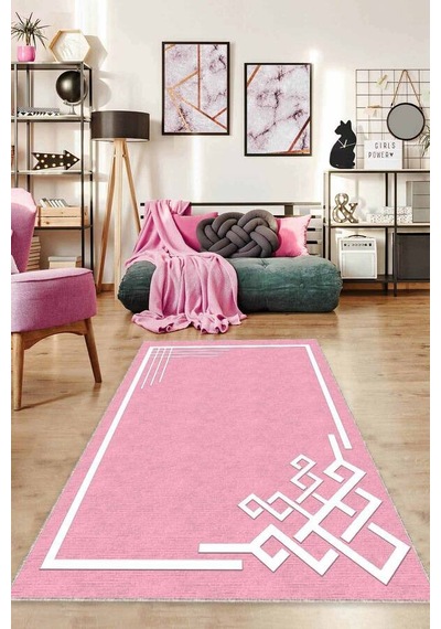 Pembe Çerçeveli Kaymaz Taban Makinede Yıkanabilir Halı Ar536n11