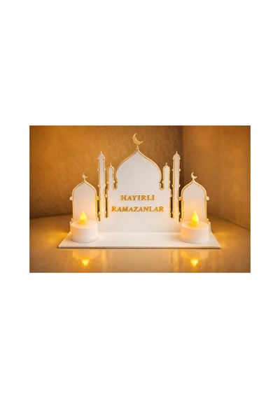 Hayırlı Ramazanlar Dekoratif Mumluk Siyah & Beyaz Ramazan Sofrası Ve Ev Dekoru Beyaz