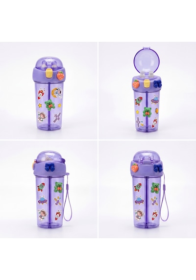 Heydiye Mâbeyn İkili Suluk 550 Ml Tritan Bpa-bps Free Matara, Çift Hazneli, Çift İçim Kapaklı, Bilek Ve Boyun Askılı, Sticker & 3d Figür Hediyeli Açık Mor