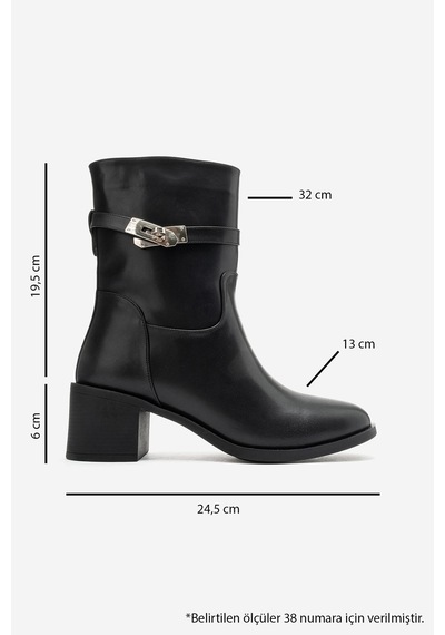 Luvi Shoes Parker Siyah Cilt Tokalı Kalın Topuklu Kadın Bot