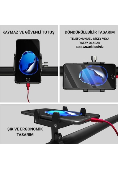 Polham Pro Seri Gidon Uyumlu Motorsiklet Telefon Tutucu, Bisiklet, Scooter Uyumlu Sıkıştırmalı Tutucu Siyah