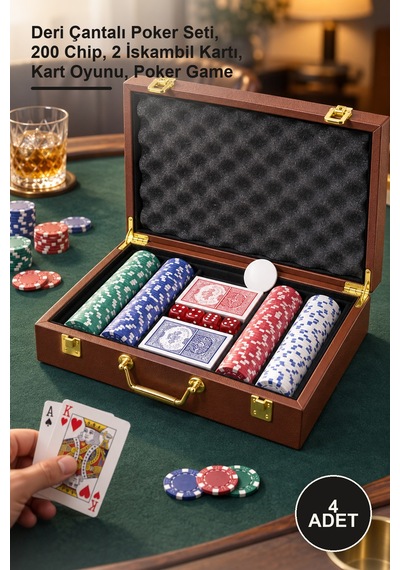 Arı 4 Adet Poker Oyunu Deri Çantalı Poker Seti, 200 Chip, 2 İskambil Kartı, Kart Oyunu, Poker Game Açık