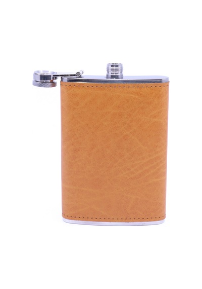 Turuncu Deri Kaplama Paslanmaz Çelik Cep Matarası - Hip Flask 9 Oz
