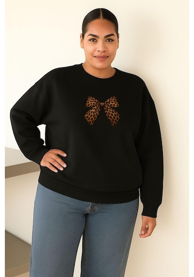 Benroma 3 İplik Penye Kurdela Baskılı Büyük Beden Unisex Sweatshırt Siyah
