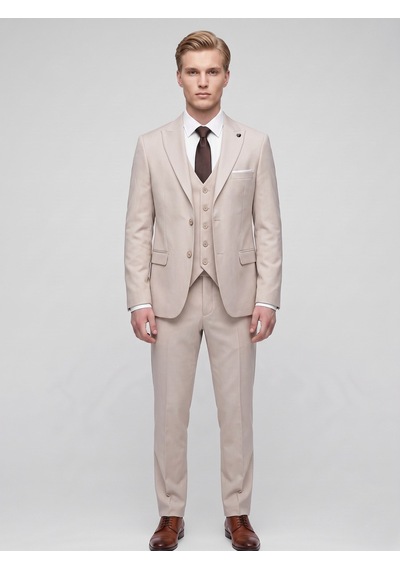 Tk6896 Erkek 3 Parça Slim Fit Çift Yırtmaçlı Takım Elbise Yelekli Şık Klasik Takım 6 Drop Bej