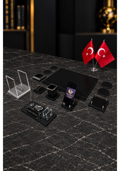 13 Parça Kristal Masa İsimlik Seti Kişiye Özel Newton Denge Toplu Ofis Sümen Takımı Siyah