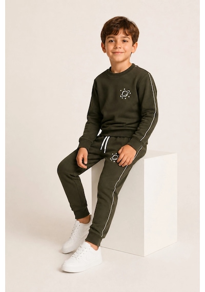 Rony Pony Kids Erkek Çocuk Haki Gezegen Baskılı Beyaz Biyeli Sweatshirt Jogger Eşofman Takımı