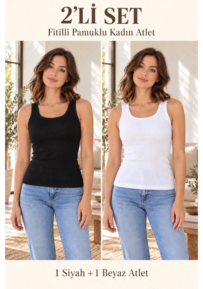 Erdenay Tekstil Fitilli Kalın Askılı Pamuklu Basic Kadın Atlet - Siyah & Beyaz 2'li Set Siyah - Beyaz