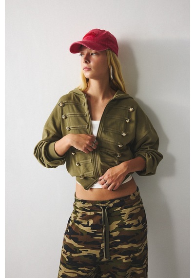 Defacto Loose Fit Kapüşonlu Düğme Detaylı Crop Napolyon Hırka I9652ax26aukh22 Haki-kh22