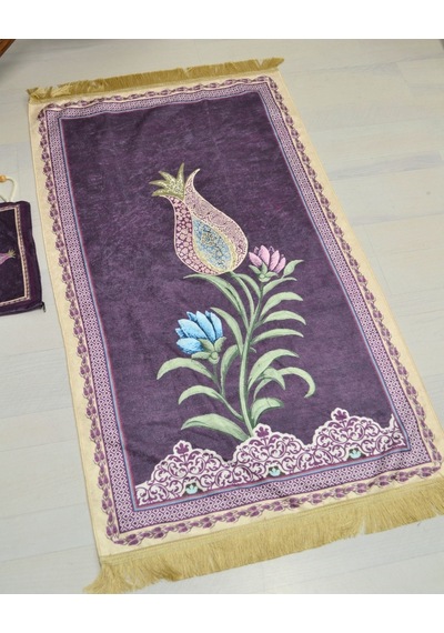 Pratik Ve Taşınabilir İpek Dokulu Çantalı Seccade Lale Desenli Mor- Fermuarlı Mor