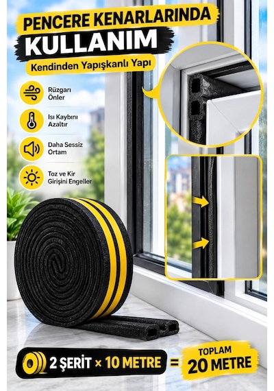 Siyah Kapı Pencere Yalıtım Bandı 20 Metre 2x10 M Kendinden Yapışkanlı Kauçuk Sünger Fitil, Isı V