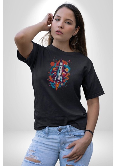 Uzay Aracı Roket Unisex Unisex Siyah Organik Baskılı T-shirt Penye Yüksek Kalite Siyah