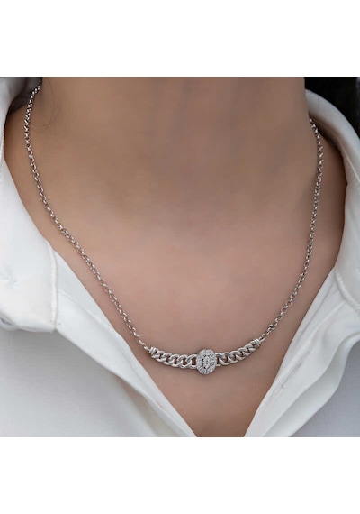 Gümüş Gurmet Zincirli Oval Baget Taşlı Kadın Kolye