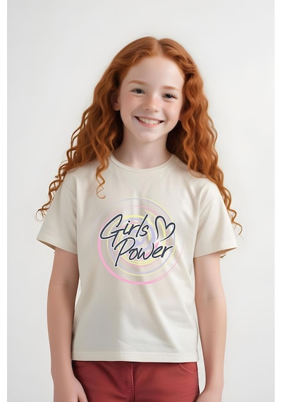 Panios Kids Girls Power Baskılı Kız Çocuk Kısa Kollu T-shirt Krem