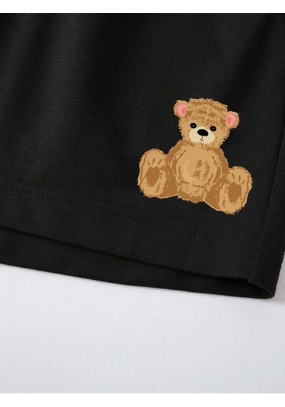 Bear Print Drawstring Waist Şort Siyah