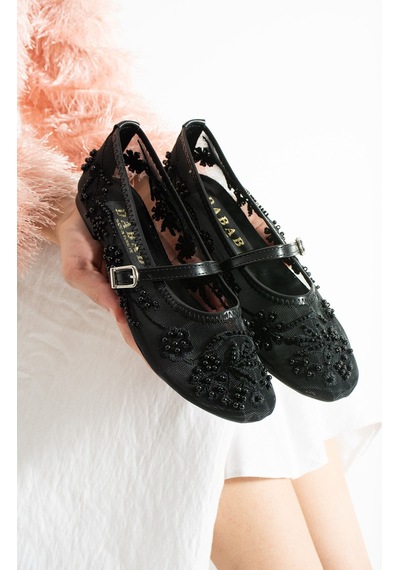 Dabab Shoes Flora Kadın Siyah İnci İşlemeli Tül Dokulu Bantlı Babet Düz Ayakkabı