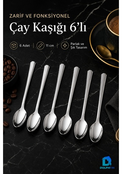 6 Lı Paslanmaz Çelik Çay Kaşığı Seti 11 Cm İnce Yassı Saplı Parlak Metal Kaşık Metalik