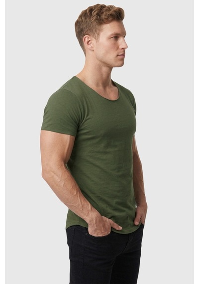 Deepsea Erkek Haki Geniş Yaka Likralı Tişört Oval Yaka Slim Fit Eteği Oval Açık Yaka T-shirt 1801199 Haki