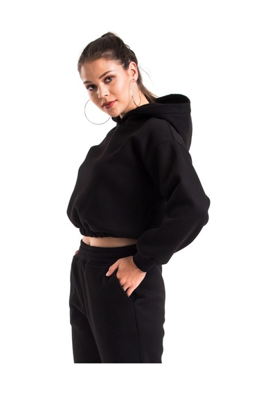 Caya Kadın Ekru Renk Kapüşonlu Crop Kesim Sweatshirt Cy84196 Beyaz Siyah