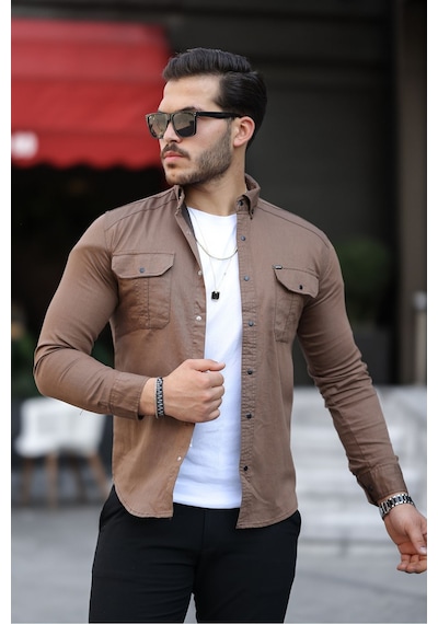 Mero Life Erkek Kahverengi Slim Fit Dar Kesim Kot Gömlek Kahverengi