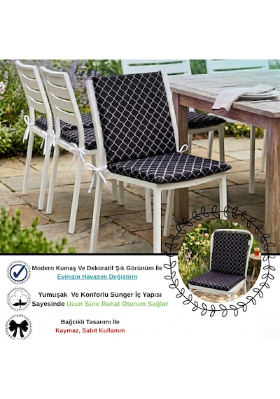40x40 Cm Siyah Arkalıklı Sandalye Minderi Pamuk Polyester Kumaş İpli Sırtlı Mutfak Ve Bahçe Minderi